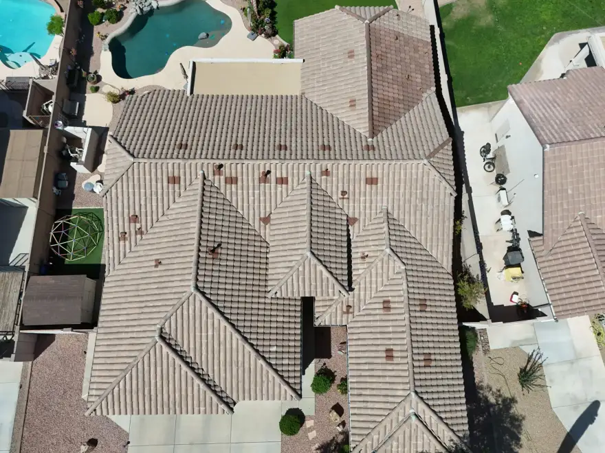 Fully tiled roof exterior, viewed from above.